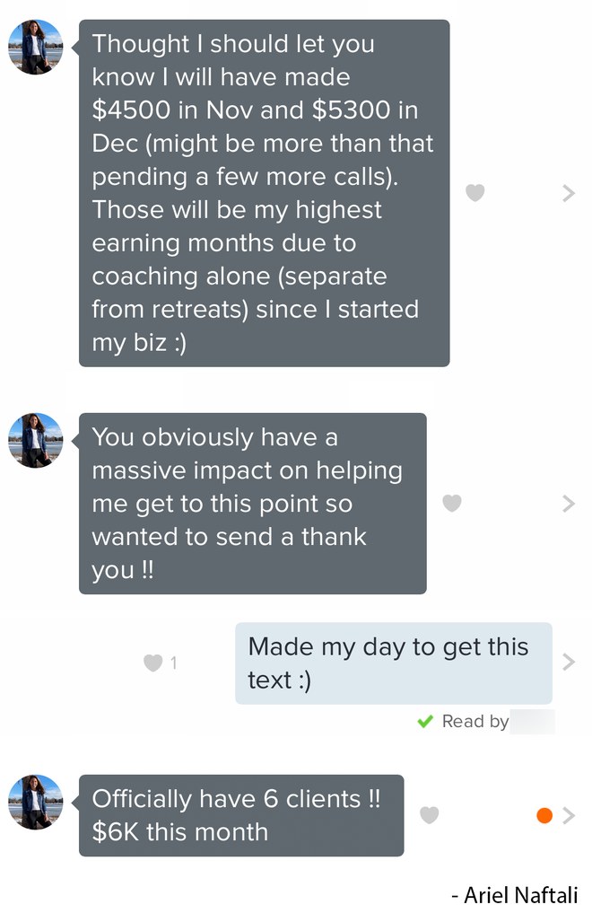 Client messages from Ariel: $4500 in Nov and $5300 in Dec — my highest earning months since I started my biz. Officially have 6 clients — $6K this month.