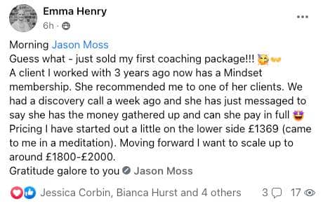 Client post: Just sold my first coaching package — a client I worked with 3 years ago recommended me to one of her clients.
