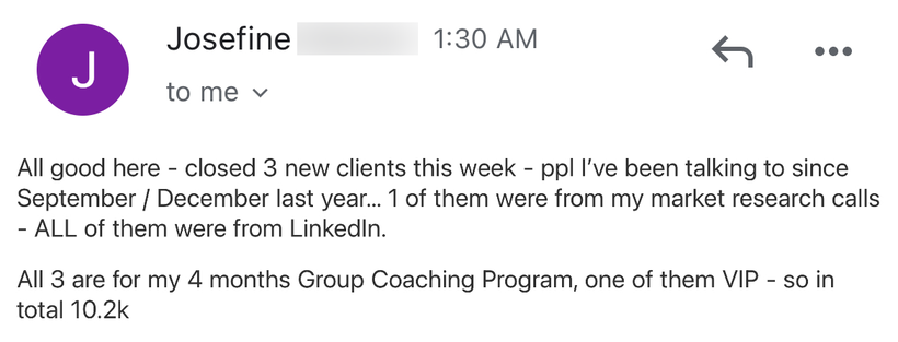 Client message from Josefine: closed 3 new clients this week — people I've been talking to since last year — $10.2K in total.