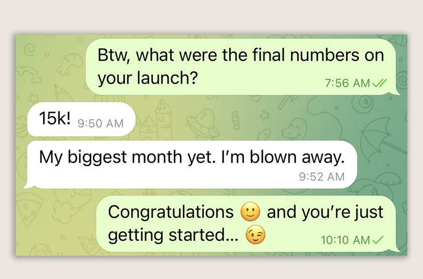 Client message from Karuna: 15k! My biggest month yet. I'm blown away.