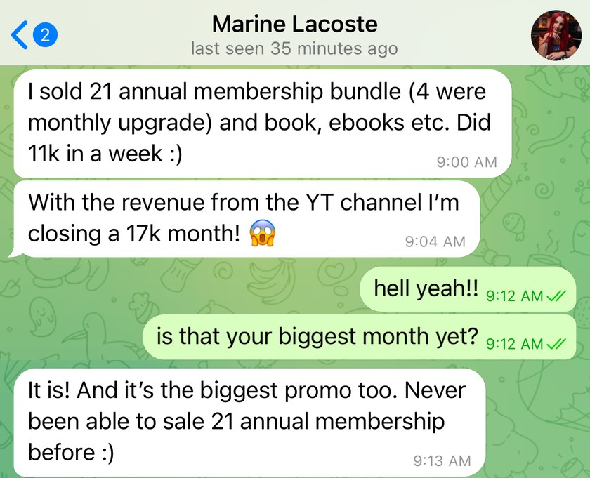 Client message from Marine: I did 11k in a week — closing a 17k month, my biggest month yet.